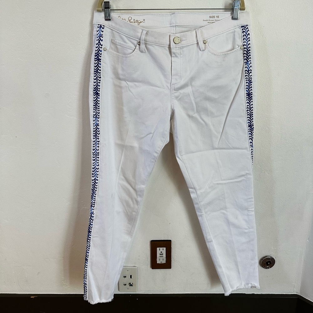 Lilly Pulitzer South Ocean Skinny Crop White Crisscross Tuxedo Stripe size 16